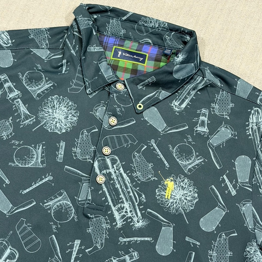 William Murray Performance Polo Men Large Blue Green All Over Golf Clubs Stretch